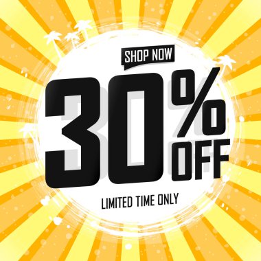 % 30 indirim, poster tasarım şablonu, özel teklif, harcayın ve daha fazla biriktirin, indirim afişi, en iyi anlaşma, son promosyon, vektör ilüstrasyonu