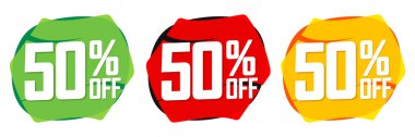 % 50 indirimli. İndirim afişlerini, tanıtım etiketlerini tasarım şablonunu, vektör illüstrasyonunu ayarla