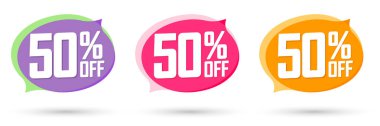 % 50 indirimli. İndirim afişlerini, tanıtım etiketlerini tasarım şablonunu, vektör illüstrasyonunu ayarla