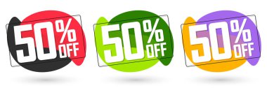 % 50 indirimli. İndirim afişlerini, tanıtım etiketlerini tasarım şablonunu, vektör illüstrasyonunu ayarla