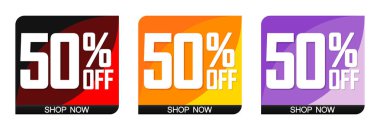 % 50 indirimli. İndirim afişlerini, tanıtım etiketlerini tasarım şablonunu, vektör illüstrasyonunu ayarla