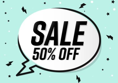 % 50 indirimli, poster tasarımı şablonu. Mağaza veya çevrimiçi mağaza için tanıtım pankartı, vektör illüstrasyonu.