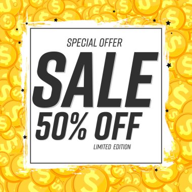 % 50 indirimli, poster tasarımı şablonu. Mağaza veya çevrimiçi mağaza için tanıtım pankartı, vektör illüstrasyonu.