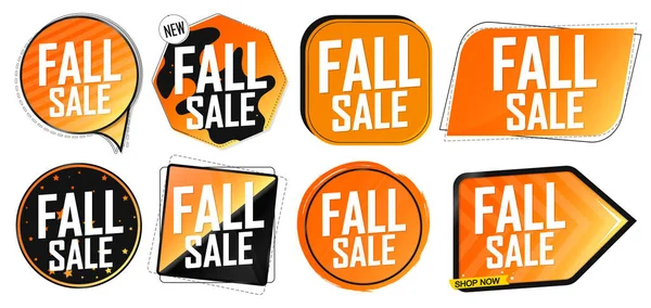 Fall Sale. Set discount banners, Autumn deal tags design template, spend up and save more, vector illustration