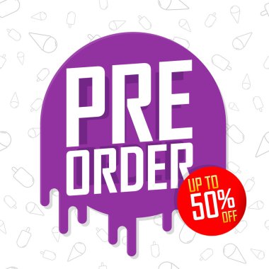 Ön sipariş indirimi% 50 'ye varan indirimli poster tasarımı şablonu. Dükkan ya da internet mağazası için reklam afişi. Grafik konsepti, vektör illüstrasyonu.