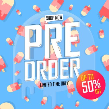 Ön sipariş indirimi% 50 'ye varan indirimli poster tasarımı şablonu. Dükkan ya da internet mağazası için reklam afişi. Grafik konsepti, vektör illüstrasyonu.