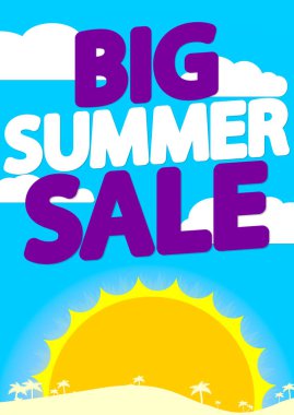 Büyük Yaz Satışı, indirimli poster tasarım şablonu, mağaza ilanı. Sezon alışverişi, reklam afişi, vektör illüstrasyonu.