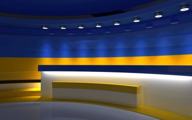 Televizyon stüdyosu. Ukrayna. Ukrayna bayrağı renkleri olan stüdyo. Ukrayna bayrağı geçmişi. Haber stüdyosu. Herhangi bir yeşil ekran, krom anahtar video veya fotoğraf çekimi için arka plan. 3 boyutlu görüntüleme. 3d