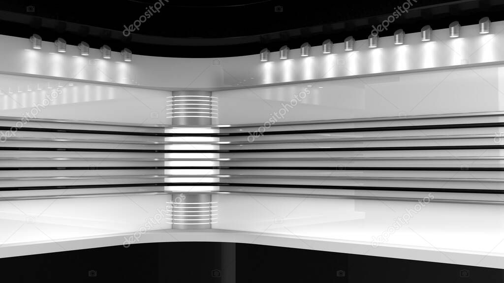 Tv Studio. Backdrop for TV shows. White background. News studio. The perfect backdrop for any green screen or chroma key video or photo production. 3D rendering.