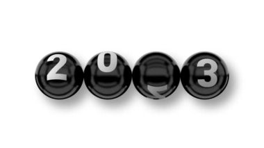  2023 açılışı. 2023 ortaya çıktı. İki bin yirmi üç. Parlak siyah top. Beyaz arka plan. Üç boyutlu. 3B Hazırlama