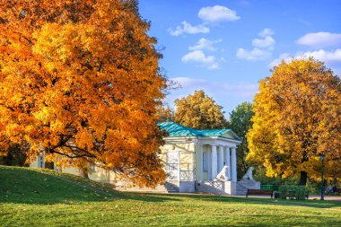 Altın sonbahar ağaçları ve aslanlı Pavilion Moskova 'daki Kolomenskoye parkında güneşli bir sonbahar günü