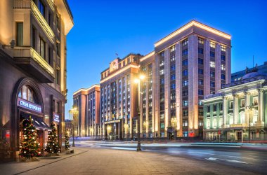 The building of the State Duma on Okhotny Ryad in Moscow and a cafe. Inscription: Country which does not exist