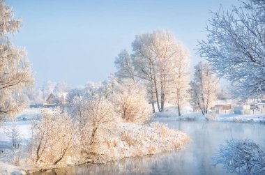 Trees and a house in white snow frost on the river bank in the Moscow region on a winter sunny evening