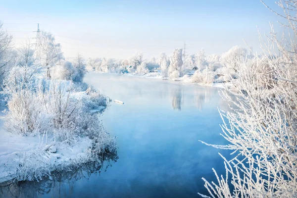 Trees Bank Blue River White Snow Frost Moscow Region Winter — Photo