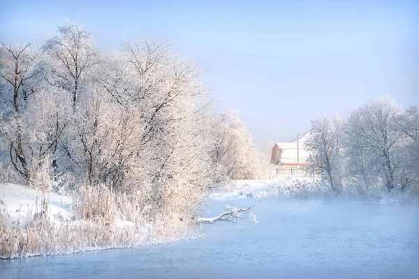 Trees House Bank Blue River White Snowy Frost Moscow Region — Fotografia de Stock