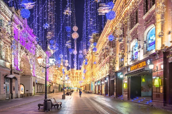 Decorazioni Anno Nuovo Nikolskaya Street Mosca Alla Luce Luce Notte — Foto Stock