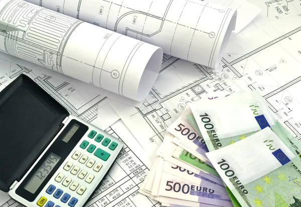 Projektzeichnungen und Geld — Stockfoto