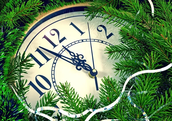 Klocka och nya året dekorationer — Stockfoto