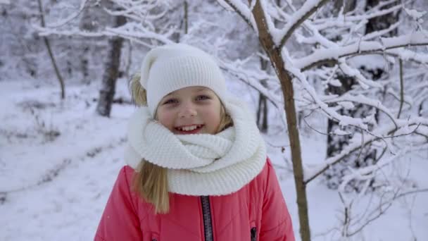 Wesoła Dziewczyna Uśmiechem Twarzy Tle Zimowego Lasu Zadowolone Dziecko Wieku — Wideo stockowe