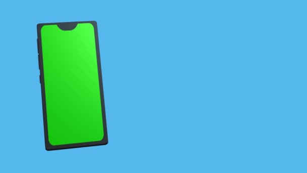 青の空白の背景に挿入のための緑の画面を持つ3Dスマートフォン 携帯電話は画面の一部に表示され ゆっくりと回転します — ストック動画