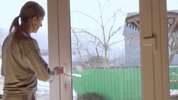 Uma Jovem Mulher Limpa Diligentemente Vidro Transparente Sua Casa Limpeza — Vídeo de Stock