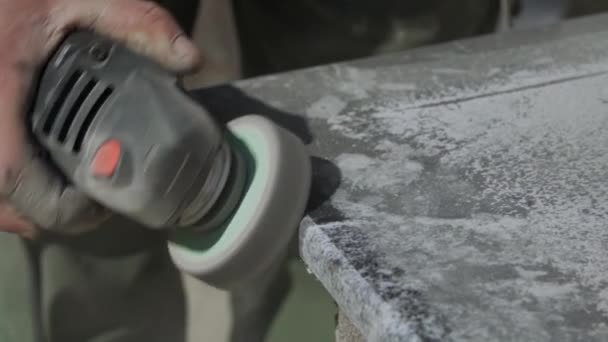 Grinding Granite Stone Grinder Hands Master Who Skillfully Uses Working — Stock Video