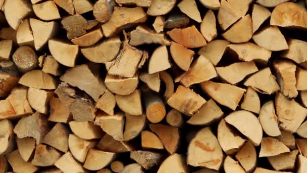 Textuur Van Gestapeld Brandhout Voorbereiding Van Brandhout Voor Verwarming Langzame — Stockvideo