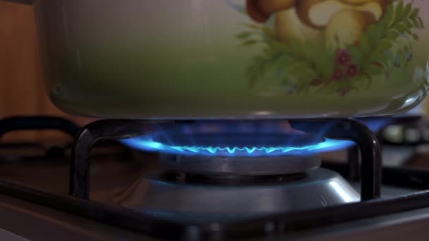 Kettle Heated Gas Burner Cookware Stove Close — Stock Video