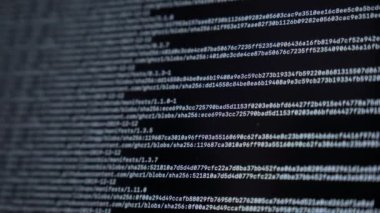 Dijital kodlu satırların hareket ettiği monitör ekranı. Sunucu hackerı saldırısı. Şifrelenmiş dijital veri. Siber suçlar, dijital güvenlik. Sığ alan derinliği.