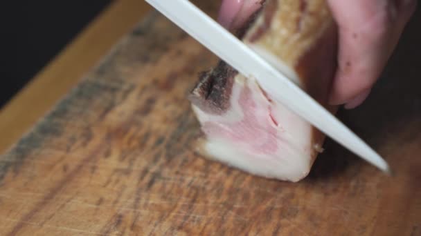 Woman Hand Knife Cuts Slice Lard Wooden Cutting Board Traditional — Stock Video