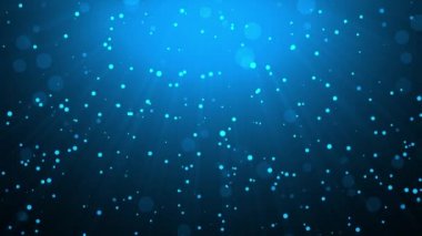 Işık ve netice veren ışınlar tarafından aydınlatılan yavaşça düşen parçacıklarla canlandırılmış arka plan. En üstteki ışık kaynağı. Tasarım için soyut sahne. Mavi renk