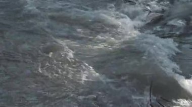 Güçlü su akışıyla nehir yüzeyi. Bir dağ nehrinin hızlı akışı. Su dokusu.