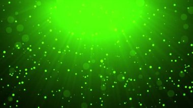 Işık ve netice veren ışınlar tarafından aydınlatılan yavaşça düşen parçacıklarla canlandırılmış arka plan. En üstteki ışık kaynağı. Tasarım için soyut sahne. Yeşil renk