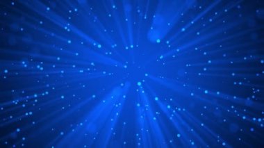 Işık ve netice veren ışınlar tarafından aydınlatılan yavaşça düşen parçacıklarla canlandırılmış arka plan. Tasarım için soyut sahne. Mavi renk.