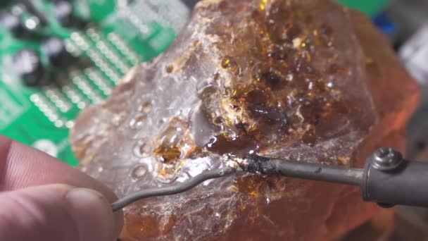 Use Rosin Soldering Melt Tin Heated Soldering Iron Close Shallow — Vídeo de Stock