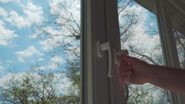 Man Hand Opens Window Ventilate Room Window You Can See — Stock video