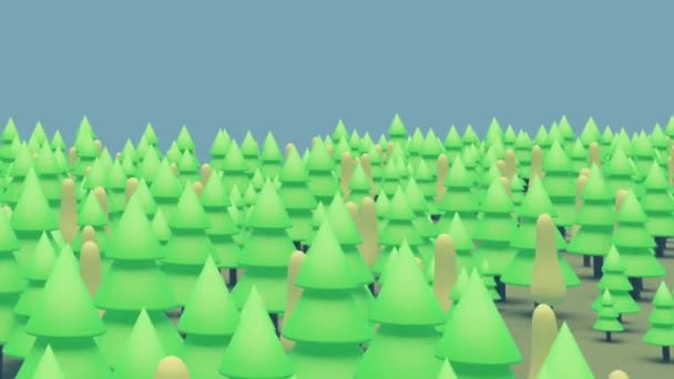 Rise Flight Camera Forest Green Fir Trees Cartoon Forest Background — стоковое видео
