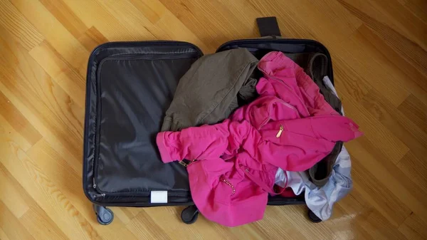Open Suitcase Lies Floor Things Trip Casually Thrown — Stok Foto
