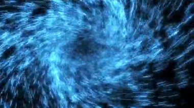 Siyah bir zemin üzerinde parlayan mavi parçacıklardan oluşan dönen bir huni. Canlandırılmış grafikler, soyut arkaplan.
