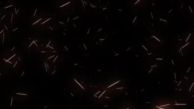Siyah zemin üzerinde ışıldayan parçacıkların kaotik hareketi. Dijital animasyon arka planı. Turuncu renk parçacıkları.