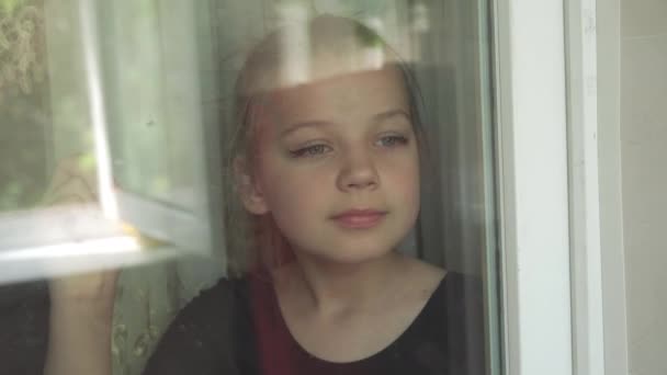 Year Old Girl Looking Street Window Her House She Home — Stock Video