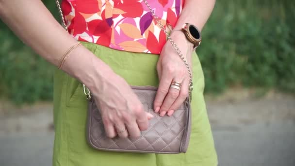 Frauenhände Suchen Etwas Einer Damenhandtasche Ein Durcheinander Der Damenhandtasche Hochwertiges — Stockvideo
