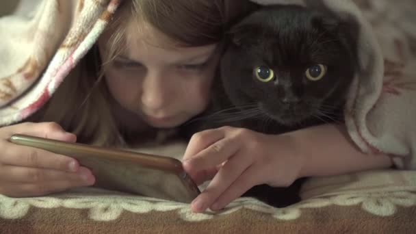 Gyermeki Barátság Macskával Lány Macskája Egy Takaró Alatt Fekszenek Videó — Stock videók