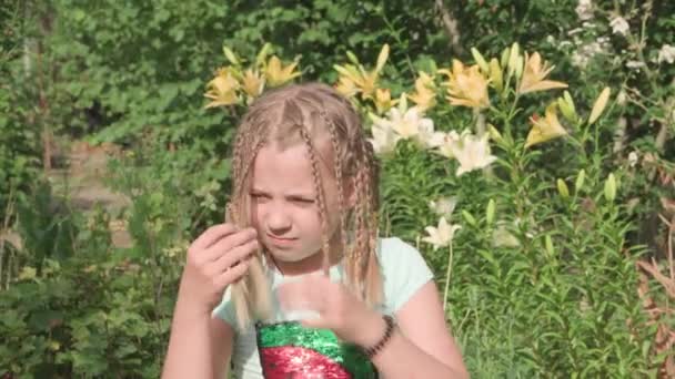 Young Girl Carefully Examines Her Pigtails She Adjusts Her Beautiful — Stockvideo
