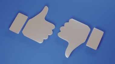 Onaylamayla onaylamamak arasındaki çatışma. Sevmek ve sevmemek. Grafik 3 boyutlu animasyon, işaret baş parmağınızla yukarı ya da aşağı. Sosyal ağlarda seçim kavramı.