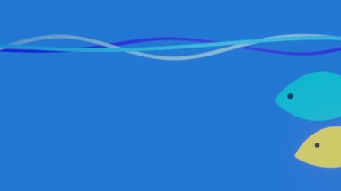 Animated graphics of floating colorful fish in blue water with small waves. Fish swim from one part of screen to another leaving empty space behind them.