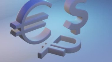 Grafik animasyonu. Avro ve dolar birimlerinin işaretleri Rus rublesini yerle bir etmeye çalışıyor. Ekonomik yaptırımlar ve Rus ekonomisinin zayıflaması kavramı.