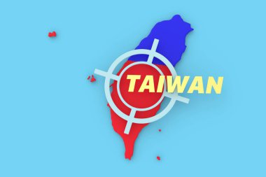Map of Taiwan, painted with traditional colors, on which target is directed for shelling. 3D rendering.