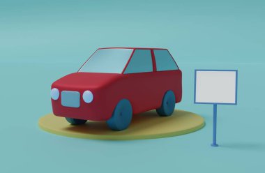 Cartoon car stands on small round platform. Next to it is empty frame in which you can insert any text. 3D rendering.