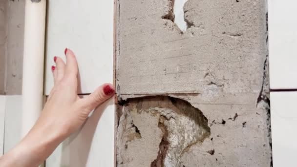 Women Hands Touch Old Tiles Falling Wall Repair House Your — Vídeo de Stock